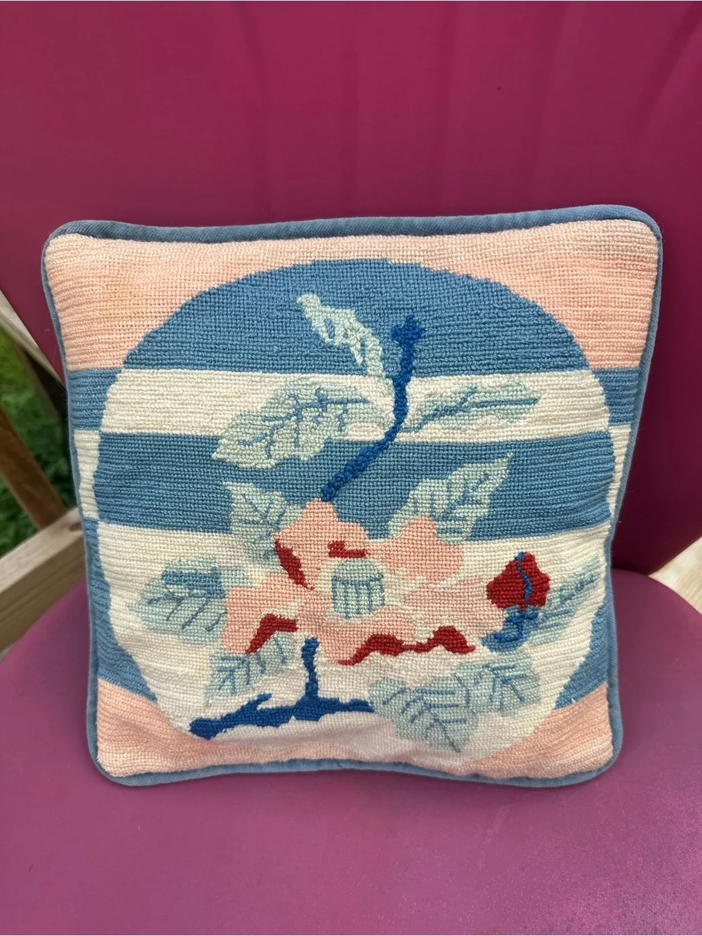 Handcrafted Blue and Pink Floral Hooked Throw Pillow